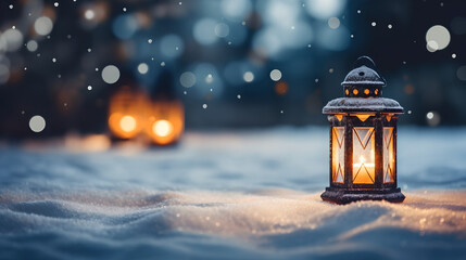 Christmas Lantern On Snow With Fir Branch In Evening Scene