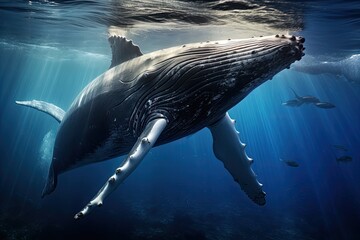 Humpback whale swimming in deep blue ocean. This is a 3d render illustration, Humpback whale underwater in the Caribbean, AI Generated - obrazy, fototapety, plakaty