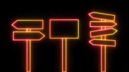 Neon sign post set, realistic blank signboard on the road to indicate direction. Signboard. Blank signpost of isolated type. Road guideposts are set up to control traffic.