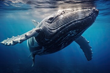 Whale swimming in the deep blue sea. Underwater scene, Humpback whale underwater in the Caribbean, AI Generated - obrazy, fototapety, plakaty