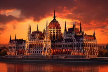 Hungarian Parliament Building in Budapest at sunset. Hungary. Europe, Hungarian parliament, Budapest at sunset, AI Generated