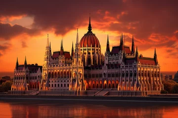 Wandcirkels tuinposter Hungarian Parliament Building in Budapest at sunset. Hungary. Europe, Hungarian parliament, Budapest at sunset, AI Generated © Iftikhar alam