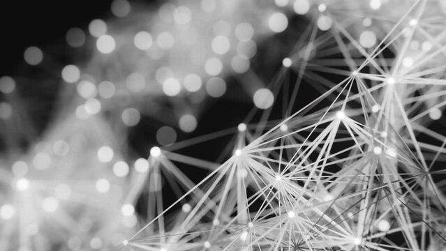 Black and white Animated geometry plexus on a dark background with glowing circles