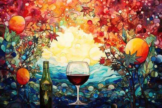 A glass of red wine and a bottle on the background of an autumn landscape, illustration of Fusion between Pointillism and Alcohol ink painting, AI Generated