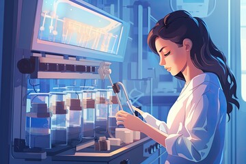 Scientist girl working in laboratory. Vector illustration in cartoon style, In Bio Technological...