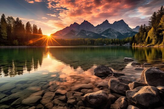 Sunset over the lake in the Dolomites, Italy, Impressive summer sunrise on Eibsee lake with Zugspitze mountain range, AI Generated
