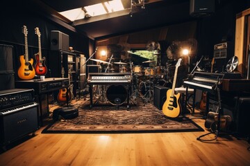 Interior of a recording studio with electric guitar and sound equipment, Indoor recording studio with guitars amps and pianos, AI Generated - Powered by Adobe