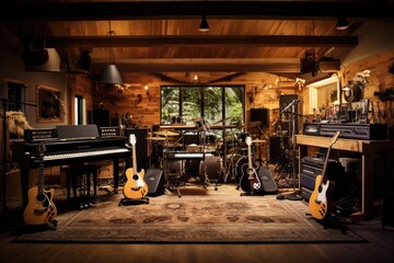 Musical instruments in a recording studio. Guitar, piano and electric guitar, Indoor recording studio with guitars amps and pianos, AI Generated - obrazy, fototapety, plakaty