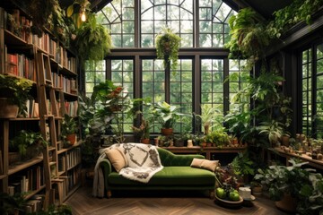 Fototapeta premium Interior of a living room with a green sofa and plants, Interior design room with a lot of plants, AI Generated