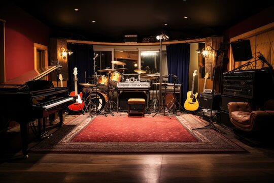 Interior of a music studio with guitar, piano and chair, Indoor recording studio with guitars amps and pianos, AI Generated