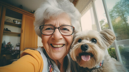 copy space, stockphoto, selfie photo taken by a elderly woman with dog cat in the living room....