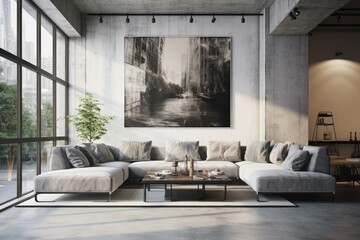Interior of modern living room with concrete walls, concrete floor, gray sofa and coffee table. 3d rendering, Interior of modern living room with white walls, concrete floor, AI Generated