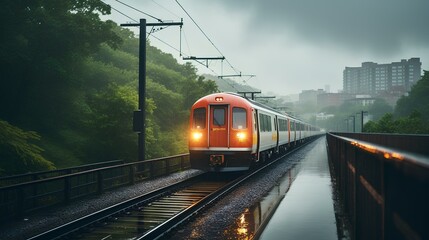 Fototapeta premium Mesmerizing landscape with rainy urban scenes and train. generative AI
