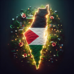 3d render of palestine map with flag inside with flowers and light around, 
