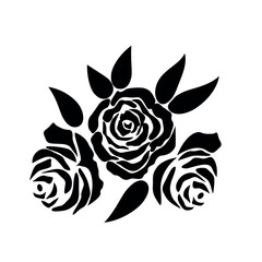 Set of three vector black silhouettes of rose flowers isolated on a white background. - 665580750