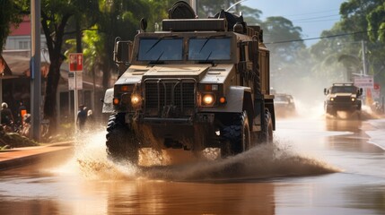 An Army Truck's Journey Through Floodwaters. Generative AI - obrazy, fototapety, plakaty