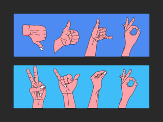 Set of hands with fingers depicting signs, all is well, ok, peace, metal. Vector stock illustration. isolated. Flat trendy style. Doodle. blue background