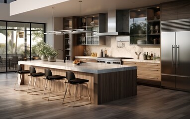 The Fusion of Stainless Elegance and Island Innovation in Kitchen Design. Generative AI