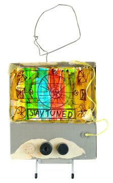 Super Grungy TV set model with test pattern and  caption "stay tuned", offline, server glitch, disturbance, website down error sign, isolated  on white background