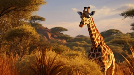 Gordijnen Masai giraffe standing near bushes. © Zahid