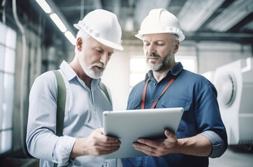 Two heating technician professionals with protective helmets. Industrial workers discussing project plan. Generate ai