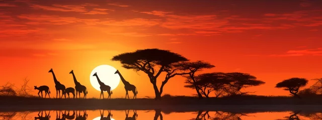 Keuken foto achterwand Panorama silhouette Giraffe family and silhouette tree. Typical African sunset with acacia trees in Masai Mara. © Zahid