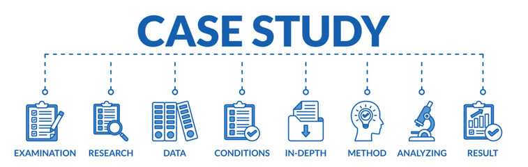 Banner of case study web vector illustration concept with icons of examination, research, data, conditions, in depth, method, analyzing, result