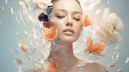 The face of a beautiful girl surrounded by flowers and splashes of water