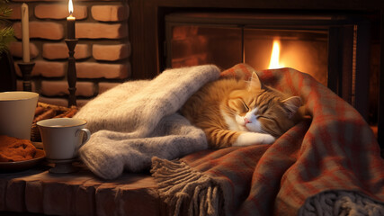 Red cat sleeping sweetly under a cozy blanket next to the fireplace - obrazy, fototapety, plakaty