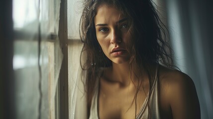Depressed sad looking beautiful young woman near a window. Moody scene for mental illness, sex...