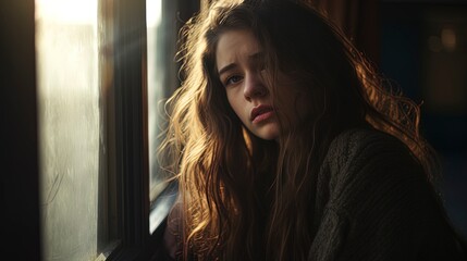 Fototapeta premium Depressed sad looking beautiful young woman near a window. Moody scene for mental illness, sex trafficking, domestic abuse. 