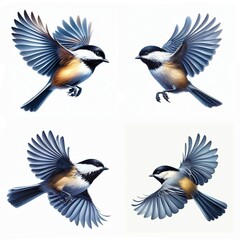A set of Black-capped Chickadees flying isolated on a white background