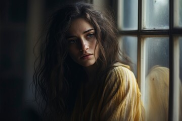 Fototapeta premium Depressed sad looking beautiful young woman near a window. Moody scene for mental illness, sex trafficking, domestic abuse. 