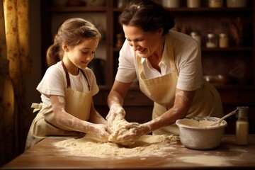 Obraz na płótnie Canvas Mother and daughter bonding while preparing dough in the kitchen created with Generative AI technology