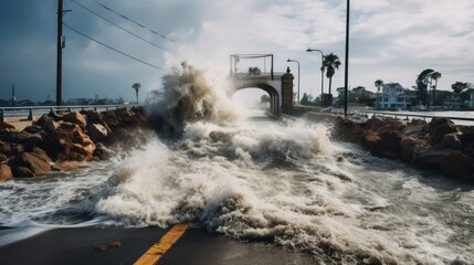 Storm Surge Spectacle - Water crashing over bridge during Hurricane Harvey. Generative AI - obrazy, fototapety, plakaty