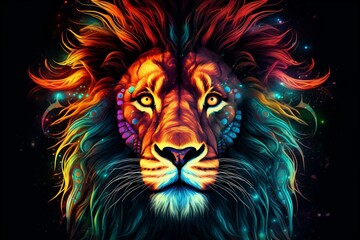 Illustration of lion face with vibrant neon fractal style. Generative AI