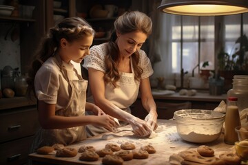 Obraz na płótnie Canvas A mother and daughter bonding while baking homemade cookies in a cozy kitchen created with Generative AI technology
