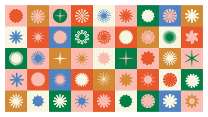 Various abstract geometric starburst in the Bauhaus style. Brutalist price or sale stickers. Basic and primitive retro star shapes.