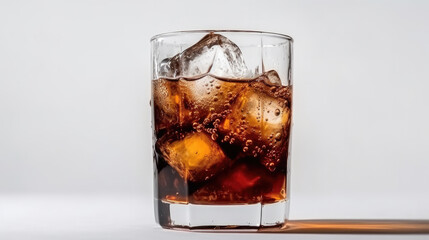 Refreshing glass of ice-cold cola on a pristine white background, a classic beverage to quench your thirst
