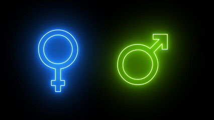 Neon Gender symbol icon.  Male female gender icon. Male female gender outline icon in blue and green colors on black background. Gender equality concept.