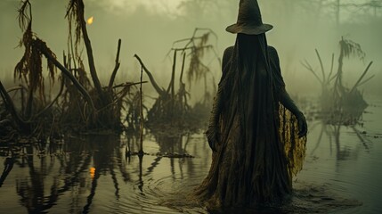 Swamp Specter Witch: Capture a witch in a foggy swamp, her figure hazy and ghost-like. The color palette should include muddled dark greens and hints of sickly yellow