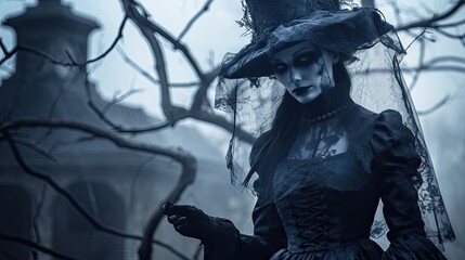 Naklejka premium Wraith Witch in Mourning: A witch in Victorian mourning attire, her aura ghostly within a dilapidated estate, using desaturated blues and greys