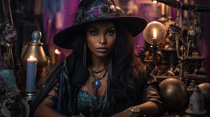 Obraz na płótnie Canvas Voodoo Vex Witch: A witch surrounded by voodoo paraphernalia, with a focus on her intense gaze. The color palette should include deep purples and golds for a mystical feel