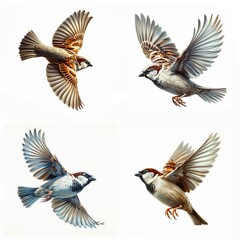 A set of male and female House Sparrows flying isolated on a white background