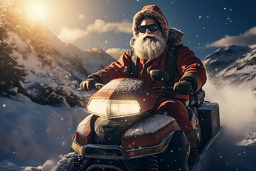 man in Santa Claus costume with Christmas gifts rides a snowmobile in winter