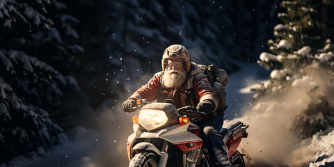 Santa Claus with gifts for Christmas rides motorcycle in winter. New Year Greeting card