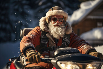 man in Santa Claus costume with Christmas gifts rides a snowmobile in winter