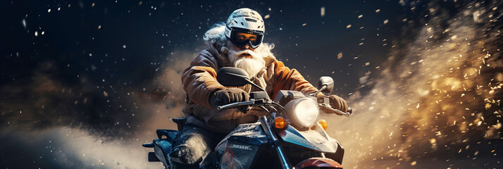 Santa Claus with gifts for Christmas rides motorcycle in winter. New Year Greeting card