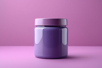 A purple jar with a lid on a purple background, accompanied by a white lid and a pink background. Generative AI