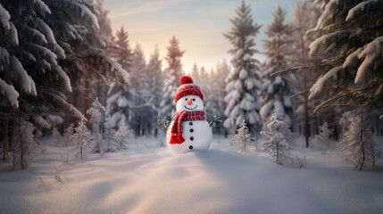 Snowman in winter in forest. Christmas and New Year Greeting Card